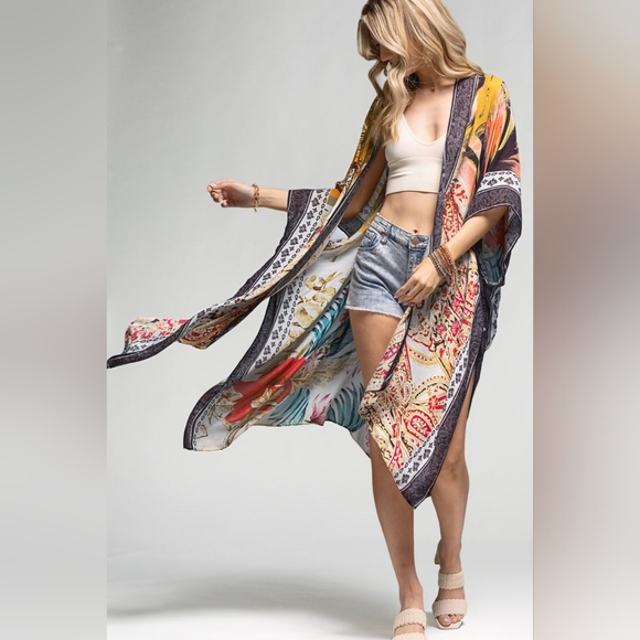 Tropical & Floral Print Kimono w Side Slits - Lightweight Jacquard Fabric - Picture 4 of 9